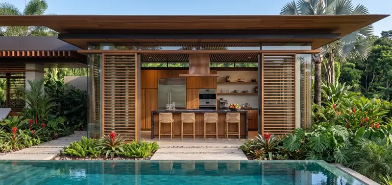 Wood-accented kitchen with a dark-topped island and woven stools, framed by slatted wood screens slid open toward the pool