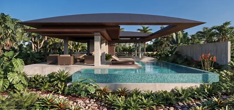 Covered concrete terrace with wicker seating and a lounger beside a raised mosaic-tiled pool under the tapered roof
