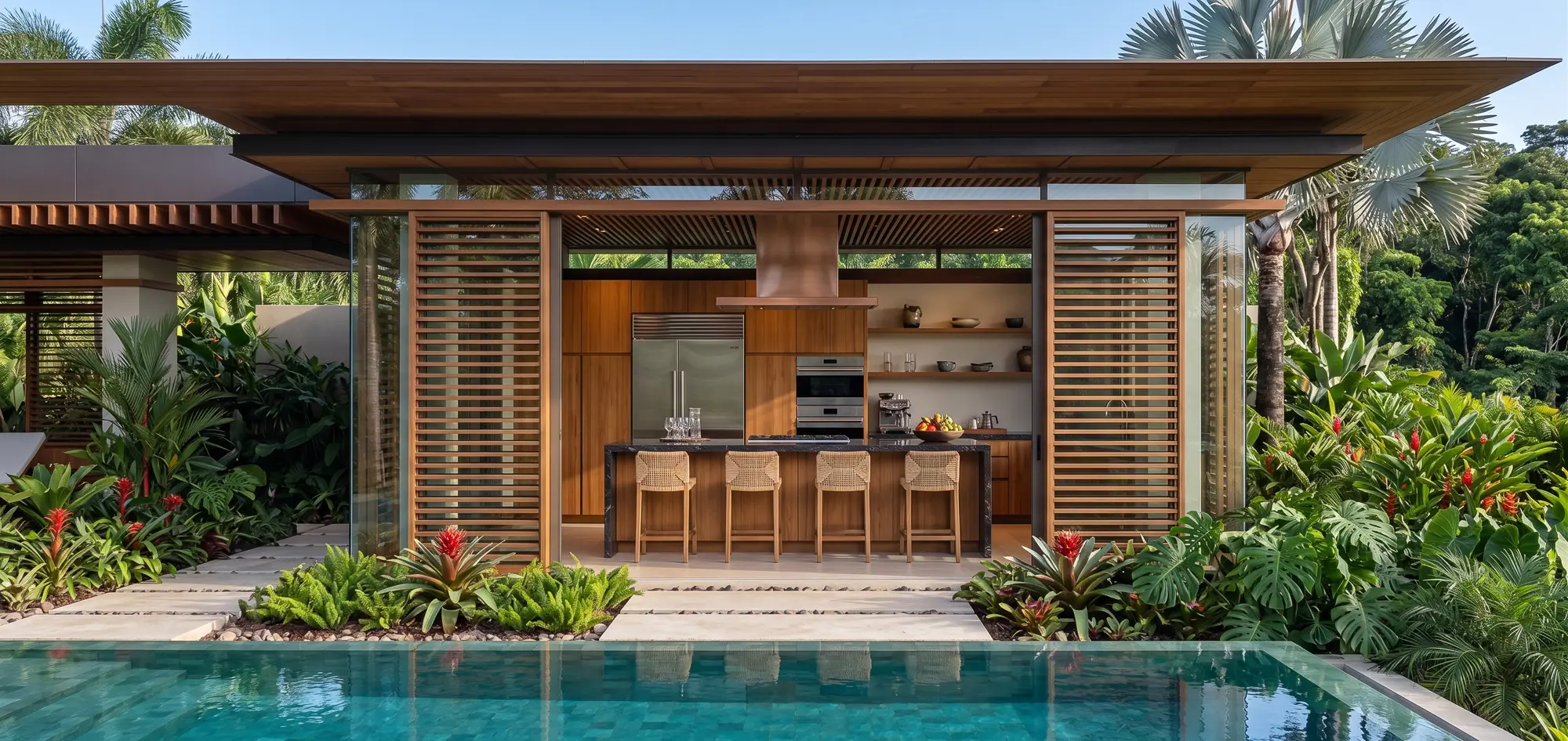 Wood-accented kitchen with a dark-topped island and woven stools, framed by slatted wood screens slid open toward the pool