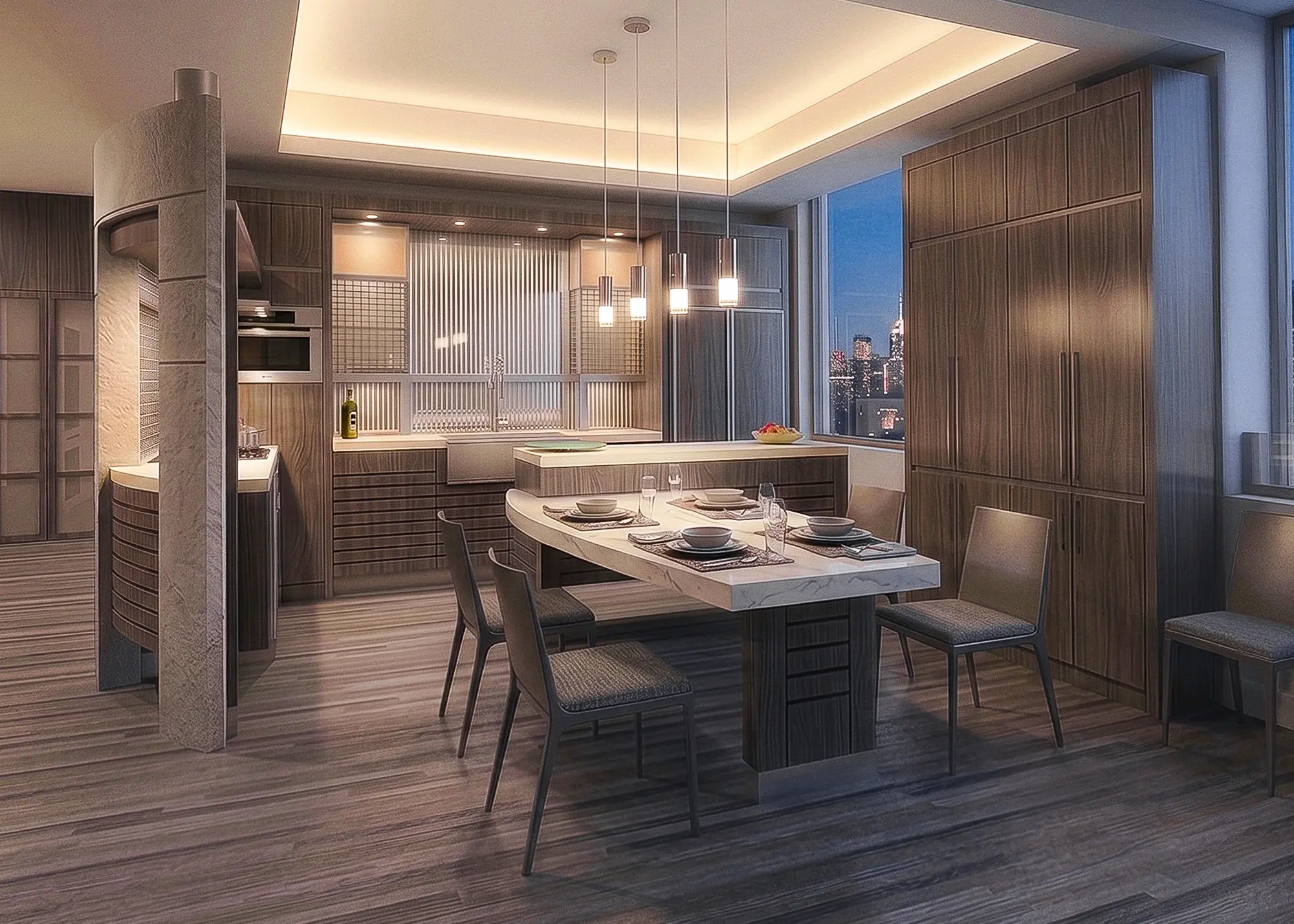 Apartment kitchen with dark wood cabinets, a curved island table and city views at night, Chicago