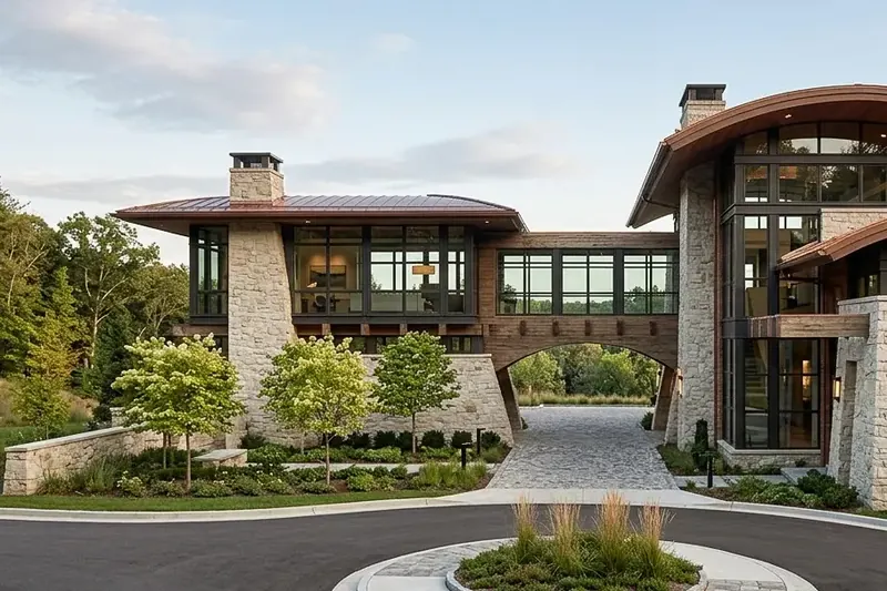 Bridge Home in Missouri: stone and timber wings joined by a glazed bridge over the arched entry drive