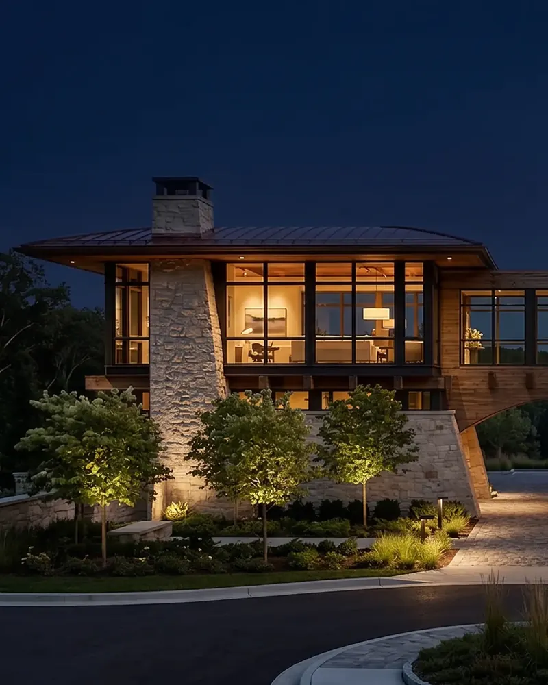 Stone and glass wing of the Bridge Home glowing at night above uplit trees and the curved drive