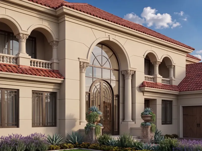 Classical villa facade with tall arched entry, Corinthian columns, balustrades and red tile roof, Naples