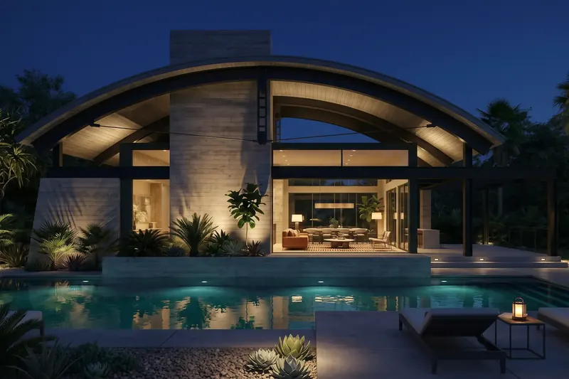 The concrete arch home at night, its curved roof glowing above the pool — Various Work