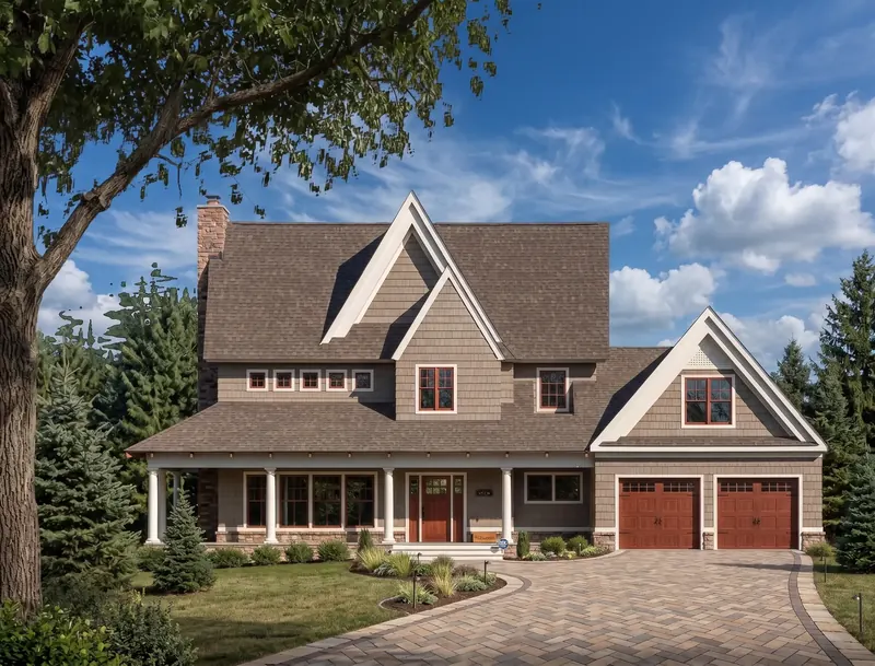 Shingled contemporary farmhouse with steep gables, front porch and paver drive, Minnesota