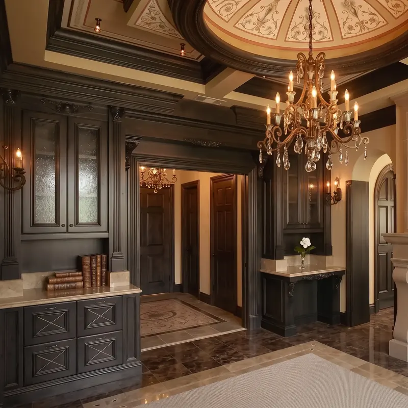 Formal study entry with dark paneled cabinetry, crystal chandelier and painted dome ceiling, St. Helena