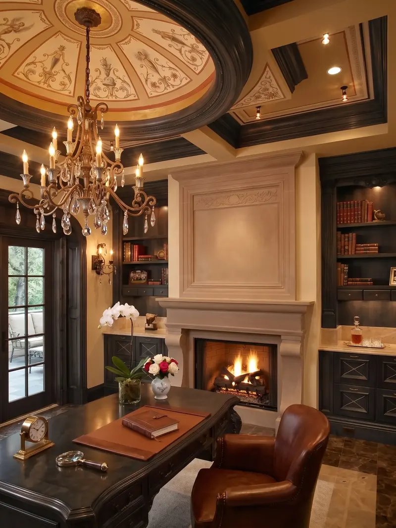Carved stone fireplace flanked by dark bookcases, with a leather chair and desk beneath the painted dome