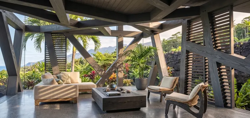 Open lanai with angled timber frame and louvered screens framing palms and mountains, Kauai, Hawaii