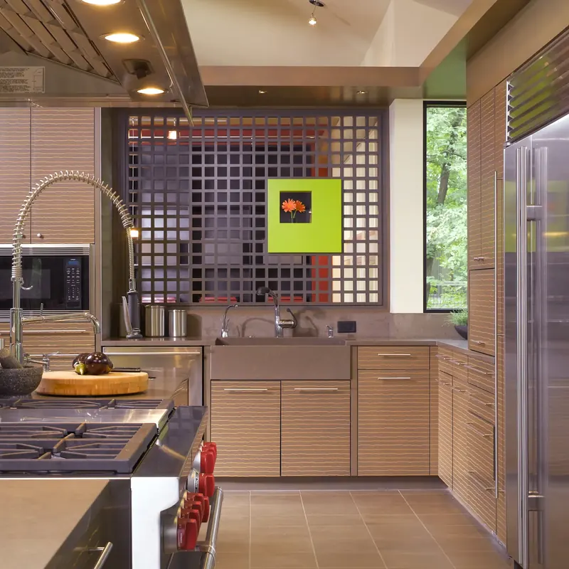 Gridded Art Kitchen in Washington: dark grid screen with a lime-green art box above the sink, range in front