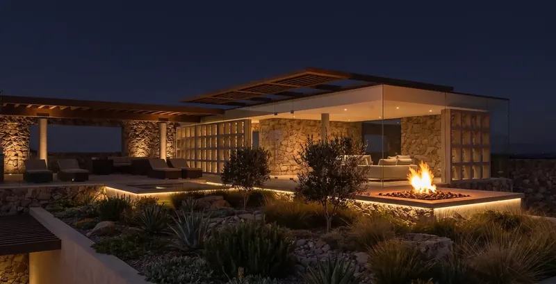 Glass pavilion and stone walls lit at night above a planted terrace with a glowing fire pit, Texas