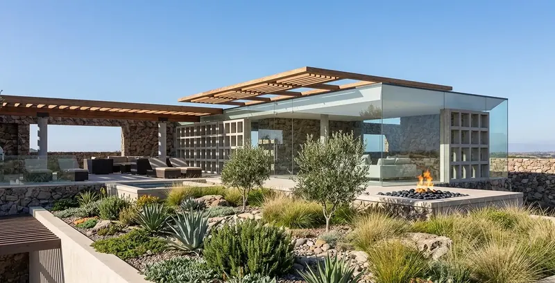 Modern concrete and glass home in daylight, glass room under a timber trellis beyond drought-tolerant plantings