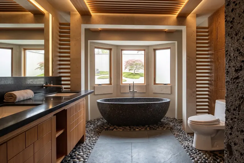 Bathroom with a dark stone soaking tub on river pebbles, wood vanity and slatted wood ceiling, Florida