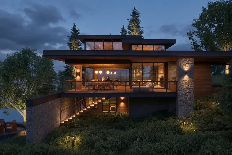 Flat-roof home at dusk with a lit covered deck, stone pier and lit outdoor stair beside the water, Seattle