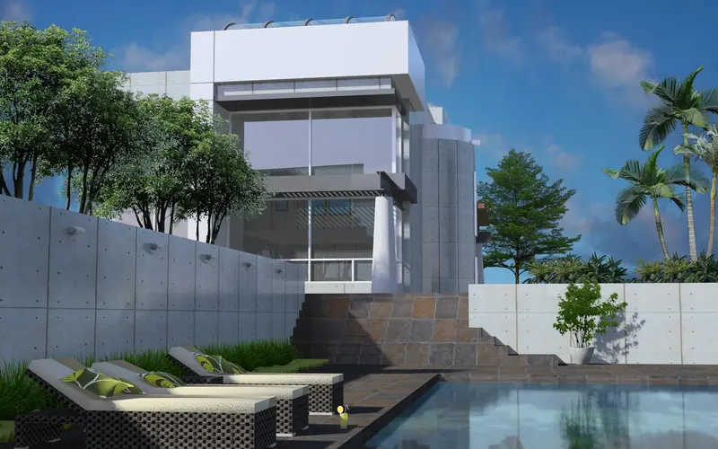 White modern home with a two-story glass bay and curved concrete tower above stone steps and a pool, Florida