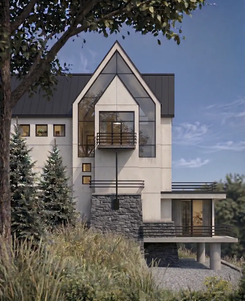 Pale stucco house with a tall glazed gable bay, cantilevered balconies, a stone base and evergreens