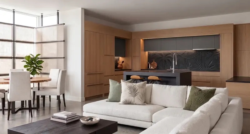 Condo living room with white sectional, wood kitchen cabinetry and a dark tropical-leaf relief backsplash