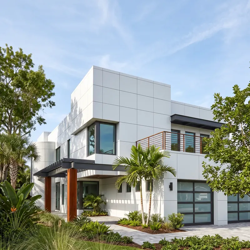 White modern house in Key Largo with a panelled facade and palms — Various Work