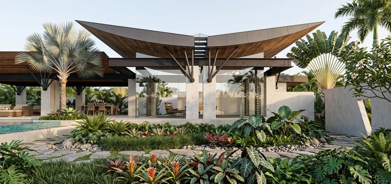 Front elevation by day: sweeping roof wings on dark steel struts above glass and concrete, with a pool and lush planting