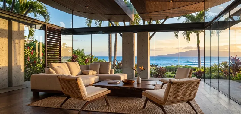 Living room with a cream sectional and woven chairs, floor-to-ceiling glass opening to palms and the Pacific Ocean in golden light
