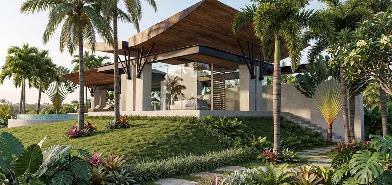 Side view of the house on a grassy slope among palms, curved wood roof lifted on angled steel struts over a glass bedroom