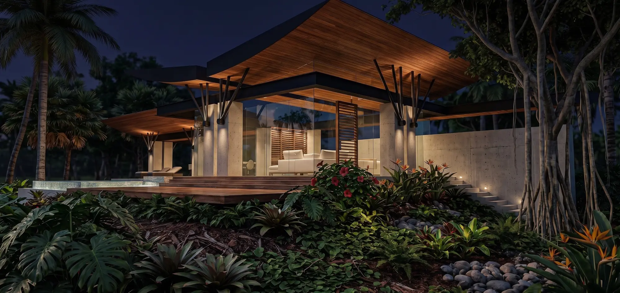 Wings in Flight House side view at night, warm light under the cantilevered roof, wood deck, pool and trees with hanging roots