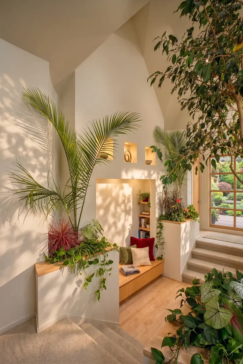 Built-in seating nook with cushions and bookshelves, surrounded by palms and planters at the top of the stairs