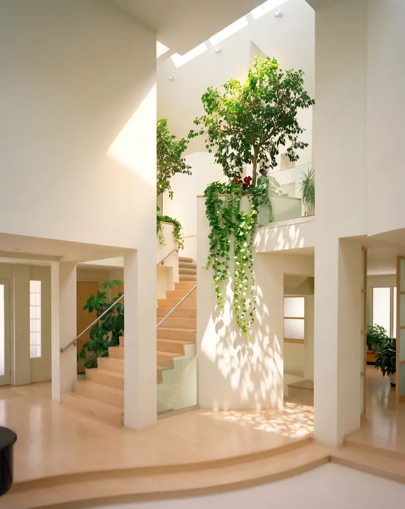 Sunlit green atrium beneath a long skylight, with a tree and trailing vines spilling from a planter beside the stair